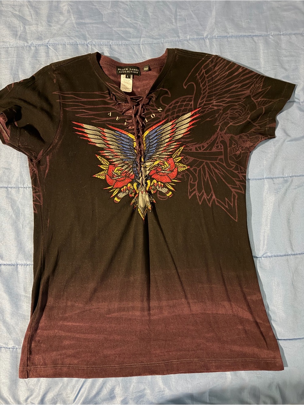 Affliction Black and Burgundy Lace-Up Eagle Graphic Tee